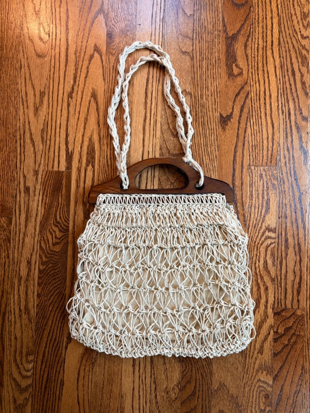 Vintage Simon New York Macrame Bag Wood Handle Italy 60s 70s Boho - Picture 2 of 6